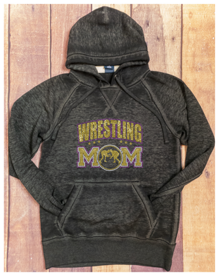 Wrestling Mom Rhinestone Black Fleece Hoodie - Purple/Gold