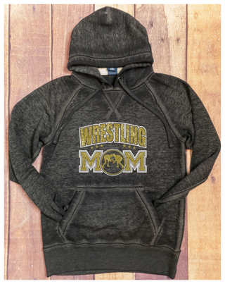 Wrestling Mom Rhinestone Black Fleece Hoodie - White/Gold