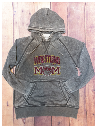 Wrestling Mom Rhinestone Dark Gray Fleece Hoodie - Maroon/Gold