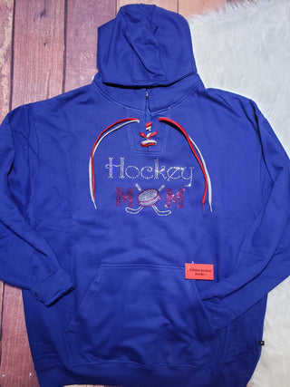 Hockey Mom Rhinestone Blue Lace-Up Hoodie - More Options