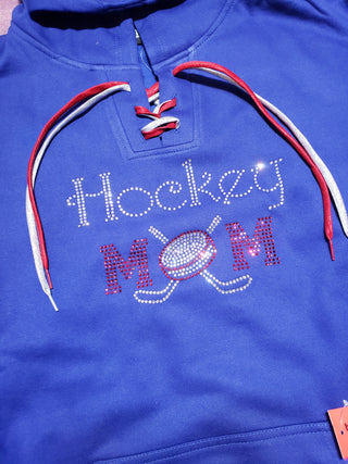 Hockey Mom Rhinestone Blue Lace-Up Hoodie - More Options