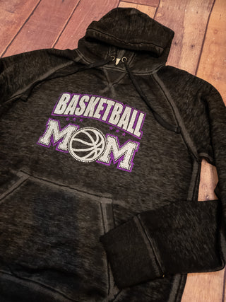 Basketball Mom Rhinestone Black Fleece Hoodie - Purple Sparkle