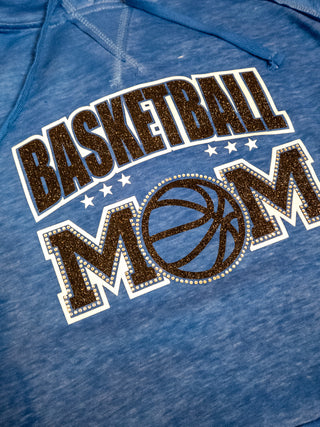 Basketball Mom Rhinestone Blue Fleece Hoodie - Black Sparkle
