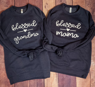 Blessed Mama Heather Navy Raglan Crewneck Sweatshirt