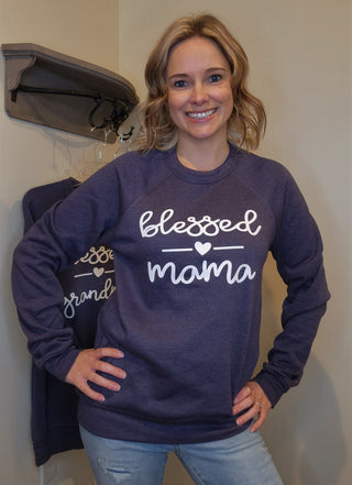 Blessed Mama Heather Navy Raglan Crewneck Sweatshirt