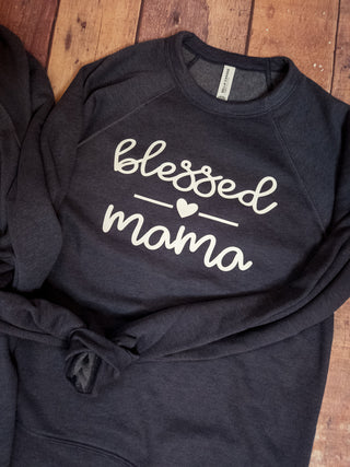 Blessed Mama Heather Navy Raglan Crewneck Sweatshirt