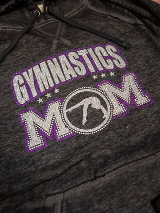 Gymnastics Mom Rhinestone Fleece Hoodie - Purple/Silver