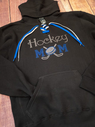 Hockey Mom Rhinestone Black Lace-Up Hoodie - More Options