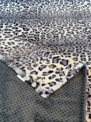Grey Leopard Spotted Fur Minky w/ Charcoal Cuddle Blanket