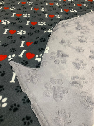 Paws, Hearts & Bones Fleece Blanket w/ Grey Paw Print Embossed Minky