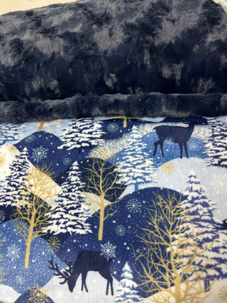 Blue Midnight Deer Minky Blanket - Choose Size & Kind of Navy Minky Backing