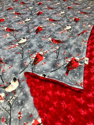 Silver Cardinals Minky Blanket w/Red Minky Backing **Ready To Ship