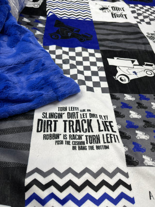 Sprint Cars & Dirt Never Hurt on Blue Quilt Blocks Minky Blanket **Choose Backing