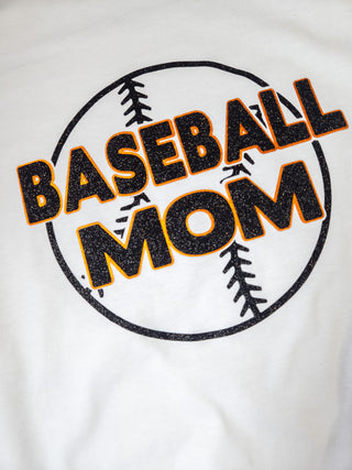 Baseball Mom White Tee - Black Sparkle & Orange Metallic