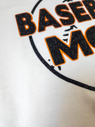 Baseball Mom White Tee - Black Sparkle & Orange Metallic