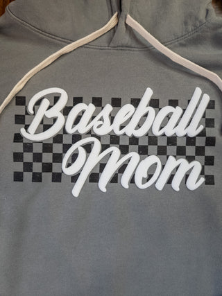 Baseball Mom Puff And Rhinestone Dyed Gray Fleece Hoodie