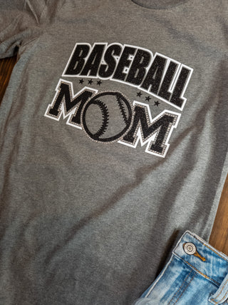 Baseball Mom Heather Gray Rhinestone Tee