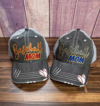 Baseball Mom Trucker Hat With Heart - Blue Sparkle & Gold Sparkle
