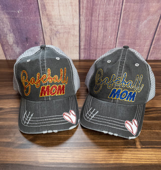 Baseball Mom Trucker Hat With Heart - Red Sparkle & Gold Sparkle