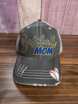 Baseball Mom Trucker Hat With Heart - Blue Sparkle & Gold Sparkle
