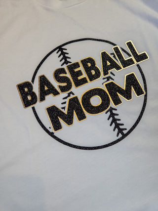 Baseball Mom White Tee - Black Sparkle