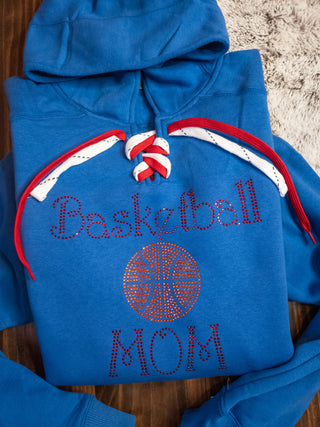 Basketball Mom Blue Lace-Up Hoodie - Red Rhinestones