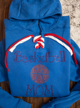 Basketball Mom Blue Lace-Up Hoodie - Red Rhinestones