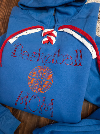 Basketball Mom Blue Lace-Up Hoodie - Red Rhinestones