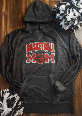 Basketball Mom Rhinestone Black Fleece Hoodie - Red Sparkle