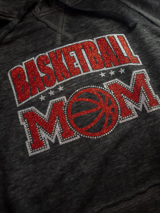 Basketball Mom Rhinestone Black Fleece Hoodie - Red Sparkle