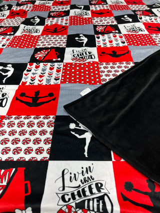 Red & Black Cheer Quilt Blocks Minky Blanket *Choose Size & Backing *Can Add Custom Embroidery