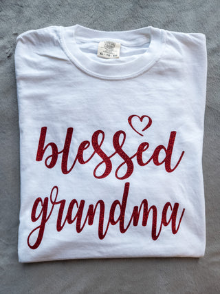 Blessed Grandma Sparkle Red Dyed White Tee