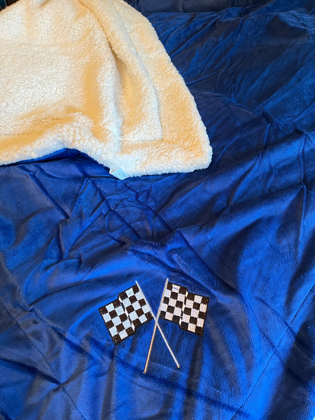Royal Blue Minky Sherpa Blanket with Embroidered Checkered Flags **Ready To Ship