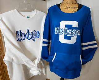 Blue Dragons G Rhinestone Blue Varsity Crewneck - Ladies Fit