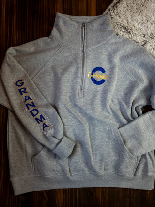 C C-Hawks Grandma Rhinestone Heather Gray Half Zip Pullover - Ladies Fit