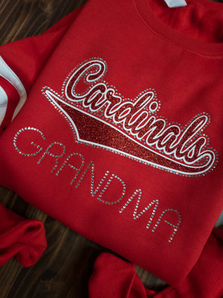 Cardinals Grandma Rhinestone Red Varsity Crewneck - Ladies Fit