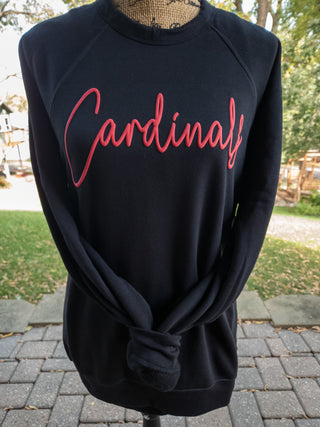 Cardinals Red Puff Print Black Crewneck Sweatshirt