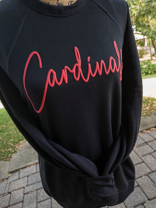 Cardinals Red Puff Print Black Crewneck Sweatshirt