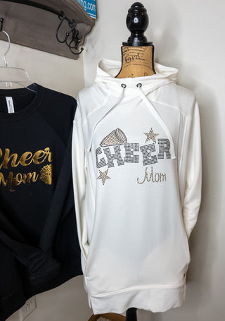 Cheer Mom Rhinestone Fashion Fleece Ivory Hoodie - Black & Gold