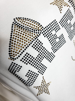 Cheer Mom Rhinestone Fashion Fleece Ivory Hoodie - Black & Gold