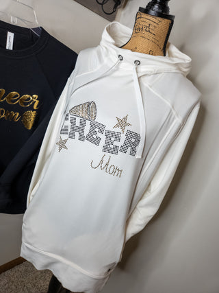 Cheer Mom Rhinestone Fashion Fleece Ivory Hoodie - Black & Gold