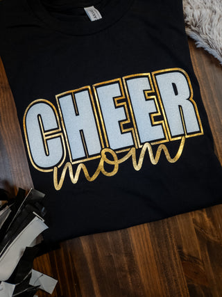 Cheer Mom Black Top With White & Gold Accents