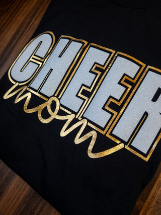 Cheer Mom Black Top With White & Gold Accents