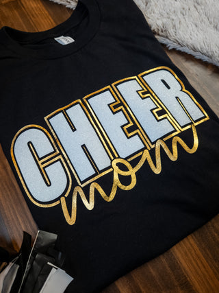 Cheer Mom Black Top With White & Gold Accents