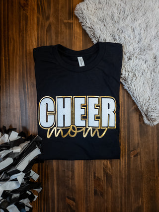 Cheer Mom Black Top With White & Gold Accents