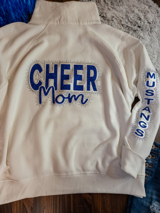 Mustangs Cheer Mom Rhinestone Bleached Linen Half Zip Pullover - Ladies Fit