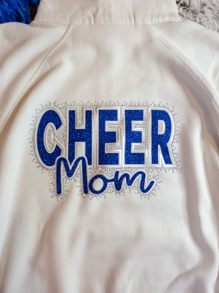 Cheer Mom Rhinestone Bleached Linen Half Zip Pullover - Ladies Fit