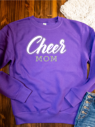 Cheer Mom Purple Sponge Fleece Crewneck Sweatshirt - Puff and Sparkle Print