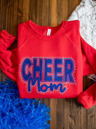 Cheer Mom Rhinestone Red Sponge Fleece Crewneck Sweatshirt
