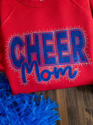 Cheer Mom Rhinestone Red Sponge Fleece Crewneck Sweatshirt